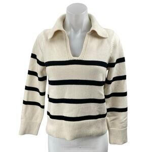 MNG Mango Women's Cream Black Knit Striped Long Sleeve Polo Sweater Top Size XS